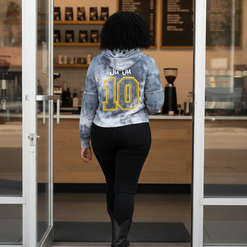Gray tie-dye hoodie with 'Ju Ju' and number '10' on the back